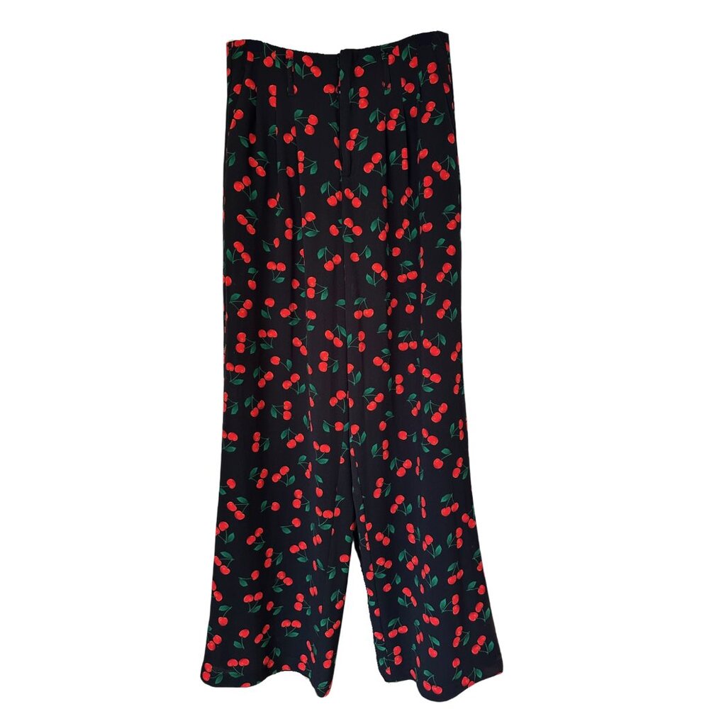 Cherry Print, Black Pleated, Wide Leg, Trousers, with Pockets, Size M